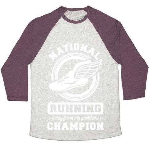 Virgin Teez  Baseball Tee Unisex Tri-Blend Baseball Tee / small / Oatmeal / Maroon NATIONAL RUNNING AWAY FROM MY PROBLEMS CHAMPION UNISEX TRI-BLEND BASEBALL TEE