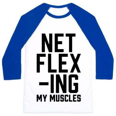 Virgin Teez  Baseball Tee Unisex Classic Baseball Tee / x-small / White/Blue NETFLEXING MY MUSCLES UNISEX CLASSIC BASEBALL TEE