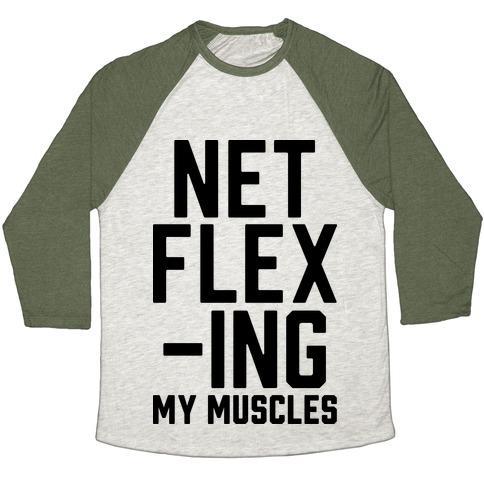 Virgin Teez  Baseball Tee Unisex Tri-Blend Baseball Tee / small / Oatmeal / Moss NETFLEXING MY MUSCLES UNISEX TRI-BLEND BASEBALL TEE