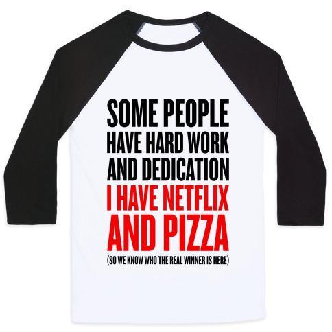 Virgin Teez  Baseball Tee Unisex Classic Baseball Tee / x-small / White/Black NETFLIX AND PIZZA UNISEX CLASSIC BASEBALL TEE