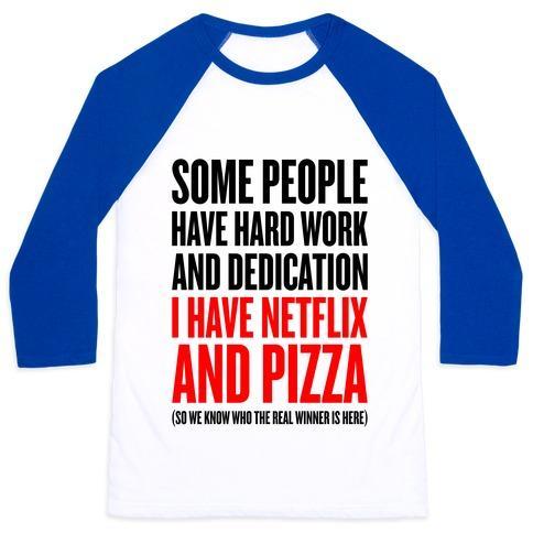 Virgin Teez  Baseball Tee Unisex Classic Baseball Tee / x-small / White/Blue NETFLIX AND PIZZA UNISEX CLASSIC BASEBALL TEE