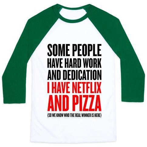 Virgin Teez  Baseball Tee Unisex Classic Baseball Tee / x-small / White/Dark Green NETFLIX AND PIZZA UNISEX CLASSIC BASEBALL TEE