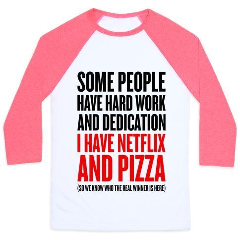 Virgin Teez  Baseball Tee Unisex Classic Baseball Tee / x-small / White/Neon Pink NETFLIX AND PIZZA UNISEX CLASSIC BASEBALL TEE