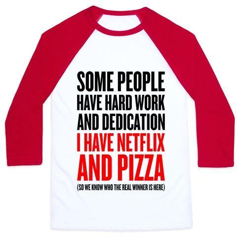 Virgin Teez  Baseball Tee Unisex Classic Baseball Tee / x-small / White/Red NETFLIX AND PIZZA UNISEX CLASSIC BASEBALL TEE
