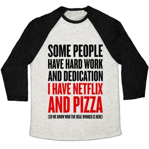 Virgin Teez  Baseball Tee Unisex Tri-Blend Baseball Tee / small / Oatmeal / Black NETFLIX AND PIZZA UNISEX TRI-BLEND BASEBALL TEE