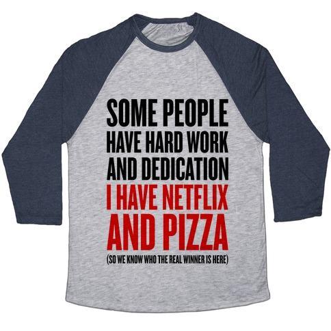 Virgin Teez  Baseball Tee Unisex Tri-Blend Baseball Tee / small / Athletic Gray / Navy NETFLIX AND PIZZA UNISEX TRI-BLEND BASEBALL TEE