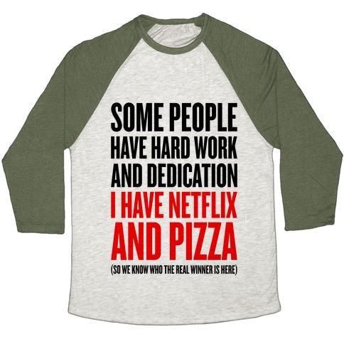 Virgin Teez  Baseball Tee Unisex Tri-Blend Baseball Tee / small / Oatmeal / Moss NETFLIX AND PIZZA UNISEX TRI-BLEND BASEBALL TEE