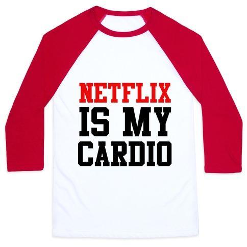 Virgin Teez  Baseball Tee Unisex Classic Baseball Tee / x-small / White/Red NETFLIX IS MY CARDIO UNISEX CLASSIC BASEBALL TEE