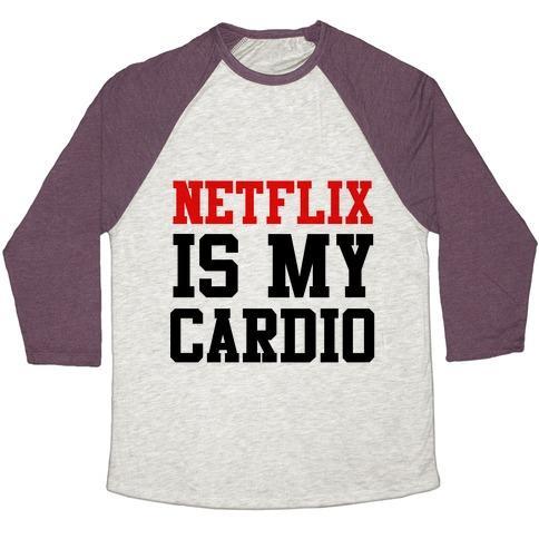 Virgin Teez  Baseball Tee Unisex Tri-Blend Baseball Tee / small / Oatmeal / Maroon NETFLIX IS MY CARDIO UNISEX TRI-BLEND BASEBALL TEE