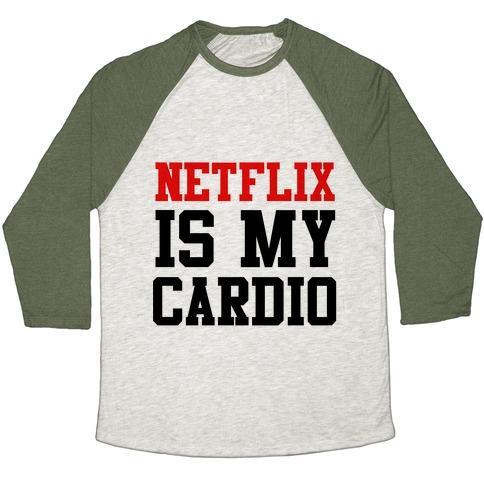 Virgin Teez  Baseball Tee Unisex Tri-Blend Baseball Tee / small / Oatmeal / Moss NETFLIX IS MY CARDIO UNISEX TRI-BLEND BASEBALL TEE