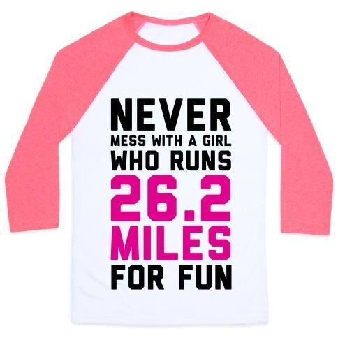 Virgin Teez  Baseball Tee Unisex Classic Baseball Tee / x-small / White/Neon Pink NEVER MESS WITH A GIRL WHO RUNS 26.2 MILES FOR FUN UNISEX CLASSIC BASEBALL TEE