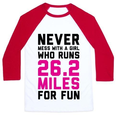 Virgin Teez  Baseball Tee Unisex Classic Baseball Tee / x-small / White/Red NEVER MESS WITH A GIRL WHO RUNS 26.2 MILES FOR FUN UNISEX CLASSIC BASEBALL TEE