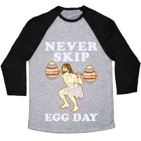 Virgin Teez  Baseball Tee Unisex Tri-Blend Baseball Tee / small / Athletic Gray / Black NEVER SKIP EGG DAY JESUS UNISEX TRI-BLEND BASEBALL TEE
