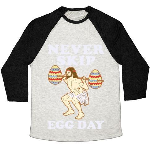 Virgin Teez  Baseball Tee Unisex Tri-Blend Baseball Tee / small / Oatmeal / Black NEVER SKIP EGG DAY JESUS UNISEX TRI-BLEND BASEBALL TEE