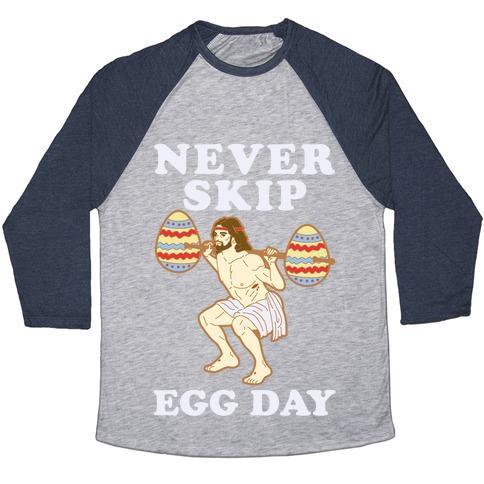 Virgin Teez  Baseball Tee Unisex Tri-Blend Baseball Tee / small / Athletic Gray / Navy NEVER SKIP EGG DAY JESUS UNISEX TRI-BLEND BASEBALL TEE