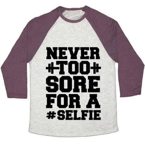 Virgin Teez  Baseball Tee Unisex Tri-Blend Baseball Tee / small / Oatmeal / Maroon NEVER TOO SORE FOR A SELFIE UNISEX TRI-BLEND BASEBALL TEE