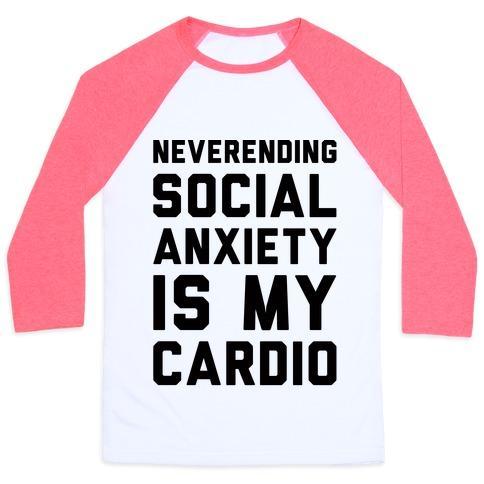 Virgin Teez  Baseball Tee Unisex Classic Baseball Tee / x-small / White/Neon Pink NEVERENDING SOCIAL ANXIETY IS MY CARDIO UNISEX CLASSIC BASEBALL TEE