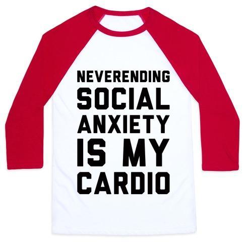 Virgin Teez  Baseball Tee Unisex Classic Baseball Tee / x-small / White/Red NEVERENDING SOCIAL ANXIETY IS MY CARDIO UNISEX CLASSIC BASEBALL TEE