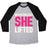 Virgin Teez  Baseball Tee Unisex Tri-Blend Baseball Tee / small / Athletic Gray / Black NEVERTHELESS SHE LIFTED PARODY UNISEX TRI-BLEND BASEBALL TEE