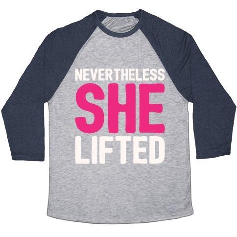 Virgin Teez  Baseball Tee Unisex Tri-Blend Baseball Tee / small / Athletic Gray / Navy NEVERTHELESS SHE LIFTED PARODY UNISEX TRI-BLEND BASEBALL TEE
