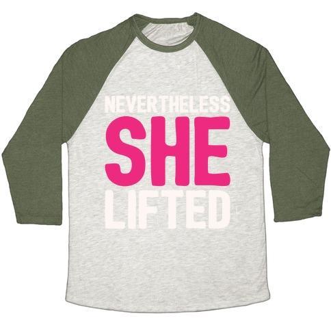 Virgin Teez  Baseball Tee Unisex Tri-Blend Baseball Tee / small / Oatmeal / Moss NEVERTHELESS SHE LIFTED PARODY UNISEX TRI-BLEND BASEBALL TEE