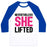 Virgin Teez  Baseball Tee Unisex Classic Baseball Tee / x-small / White/Blue NEVERTHELESS SHE LIFTED PARODY WHITE PRINT UNISEX CLASSIC BASEBALL TEE