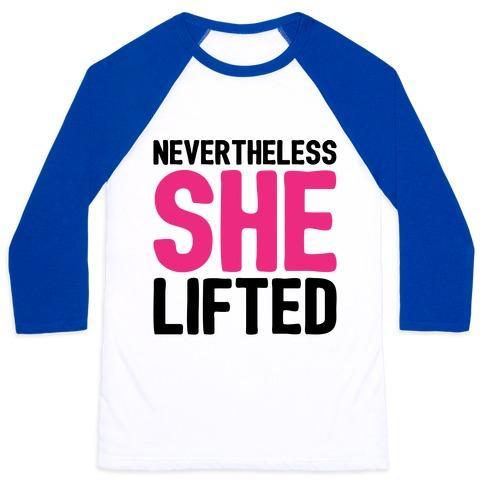 Virgin Teez  Baseball Tee Unisex Classic Baseball Tee / x-small / White/Blue NEVERTHELESS SHE LIFTED PARODY WHITE PRINT UNISEX CLASSIC BASEBALL TEE