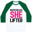 Virgin Teez  Baseball Tee Unisex Classic Baseball Tee / x-small / White/Dark Green NEVERTHELESS SHE LIFTED PARODY WHITE PRINT UNISEX CLASSIC BASEBALL TEE