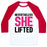 Virgin Teez  Baseball Tee Unisex Classic Baseball Tee / x-small / White/Red NEVERTHELESS SHE LIFTED PARODY WHITE PRINT UNISEX CLASSIC BASEBALL TEE