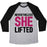 Virgin Teez  Baseball Tee Unisex Tri-Blend Baseball Tee / small / Athletic Gray / Black NEVERTHELESS SHE LIFTED PARODY WHITE PRINT UNISEX TRI-BLEND BASEBALL TEE