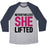 Virgin Teez  Baseball Tee Unisex Tri-Blend Baseball Tee / small / Athletic Gray / Navy NEVERTHELESS SHE LIFTED PARODY WHITE PRINT UNISEX TRI-BLEND BASEBALL TEE