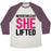 Virgin Teez  Baseball Tee Unisex Tri-Blend Baseball Tee / small / Oatmeal / Maroon NEVERTHELESS SHE LIFTED PARODY WHITE PRINT UNISEX TRI-BLEND BASEBALL TEE