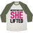 Virgin Teez  Baseball Tee Unisex Tri-Blend Baseball Tee / small / Oatmeal / Moss NEVERTHELESS SHE LIFTED PARODY WHITE PRINT UNISEX TRI-BLEND BASEBALL TEE