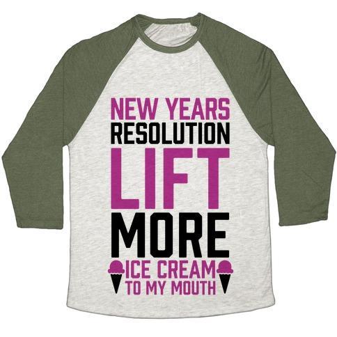Virgin Teez  Baseball Tee Unisex Tri-Blend Baseball Tee / small / Oatmeal / Moss NEW YEARS RESOLUTION: LIFT MORE (ICE CREAM TO MY MOUTH) UNISEX TRI-BLEND BASEBALL TEE