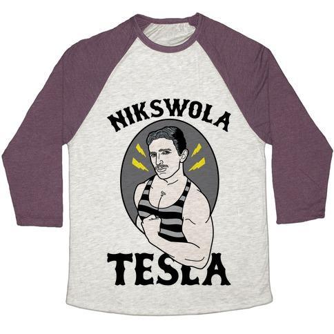 Virgin Teez  Baseball Tee Unisex Tri-Blend Baseball Tee / small / Oatmeal / Maroon NIKSWOLA TESLA UNISEX TRI-BLEND BASEBALL TEE