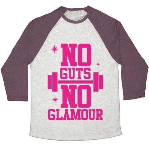 Virgin Teez  Baseball Tee Unisex Tri-Blend Baseball Tee / small / Oatmeal / Maroon NO GUTS NO GLAMOUR UNISEX TRI-BLEND BASEBALL TEE