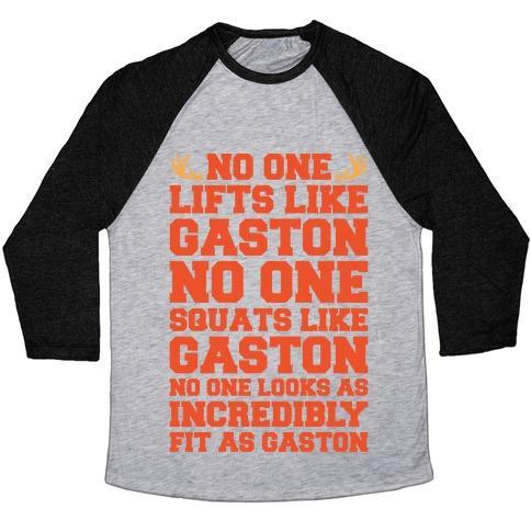 Virgin Teez  Baseball Tee Unisex Tri-Blend Baseball Tee / small / Athletic Gray / Black NO ONE LIFTS LIKE GASTON PARODY WHITE PRINT UNISEX TRI-BLEND BASEBALL TEE