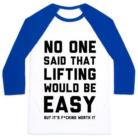 Virgin Teez  Baseball Tee Unisex Classic Baseball Tee / x-small / White/Blue NO ONE SAID LIFTING WOULD BE EASY UNISEX CLASSIC BASEBALL TEE