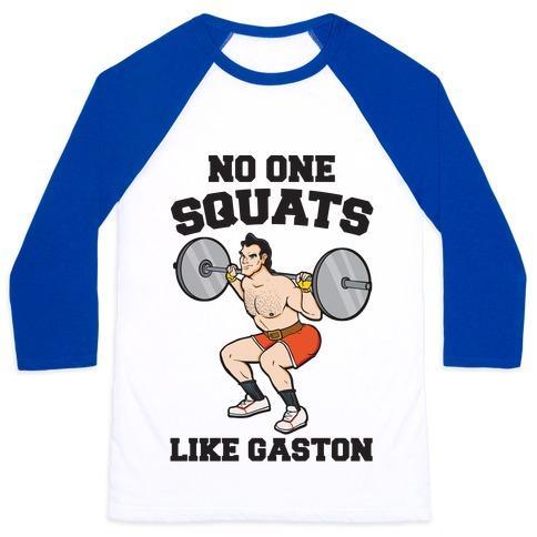 Virgin Teez  Baseball Tee Unisex Classic Baseball Tee / x-small / White/Blue NO ONE SQUATS LIKE GASTON PARODY UNISEX CLASSIC BASEBALL TEE
