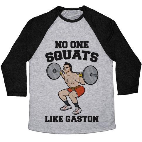 Virgin Teez  Baseball Tee Unisex Tri-Blend Baseball Tee / small / Athletic Gray / Black NO ONE SQUATS LIKE GASTON PARODY UNISEX TRI-BLEND BASEBALL TEE