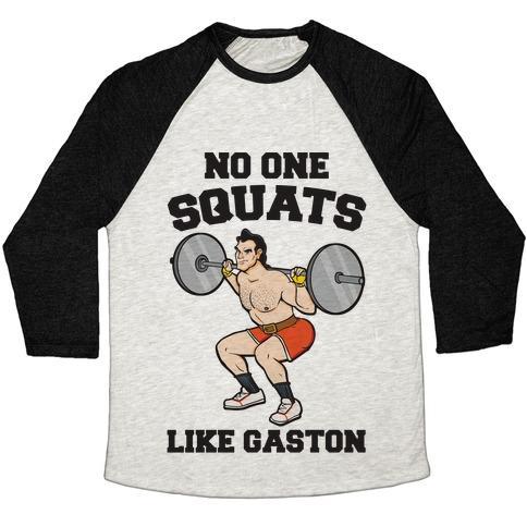 Virgin Teez  Baseball Tee Unisex Tri-Blend Baseball Tee / small / Oatmeal / Black NO ONE SQUATS LIKE GASTON PARODY UNISEX TRI-BLEND BASEBALL TEE