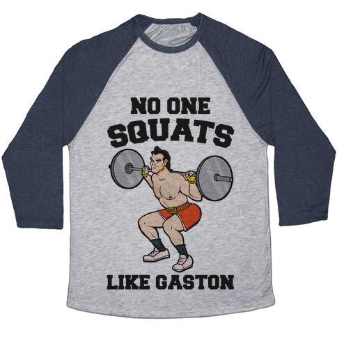 Virgin Teez  Baseball Tee Unisex Tri-Blend Baseball Tee / small / Athletic Gray / Navy NO ONE SQUATS LIKE GASTON PARODY UNISEX TRI-BLEND BASEBALL TEE