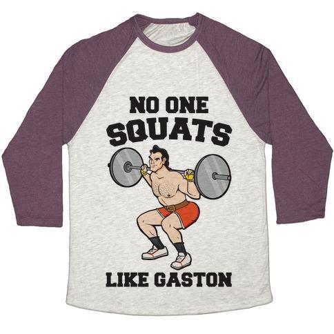 Virgin Teez  Baseball Tee Unisex Tri-Blend Baseball Tee / small / Oatmeal / Maroon NO ONE SQUATS LIKE GASTON PARODY UNISEX TRI-BLEND BASEBALL TEE