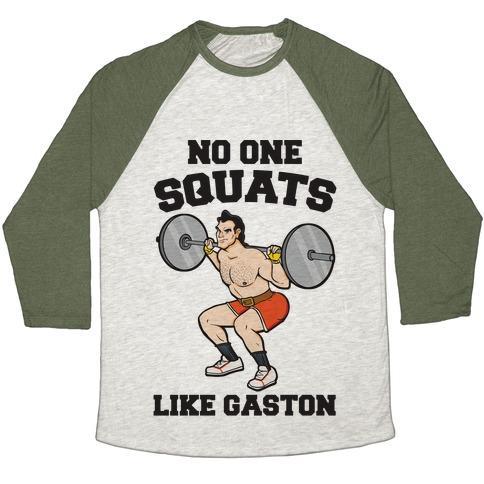 Virgin Teez  Baseball Tee Unisex Tri-Blend Baseball Tee / small / Oatmeal / Moss NO ONE SQUATS LIKE GASTON PARODY UNISEX TRI-BLEND BASEBALL TEE