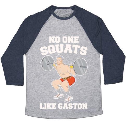 Virgin Teez  Baseball Tee Unisex Tri-Blend Baseball Tee / small / Athletic Gray / Navy NO ONE SQUATS LIKE GASTON PARODY WHITE PRINT UNISEX TRI-BLEND BASEBALL TEE