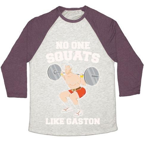 Virgin Teez  Baseball Tee Unisex Tri-Blend Baseball Tee / small / Oatmeal / Maroon NO ONE SQUATS LIKE GASTON PARODY WHITE PRINT UNISEX TRI-BLEND BASEBALL TEE