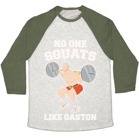 Virgin Teez  Baseball Tee Unisex Tri-Blend Baseball Tee / small / Oatmeal / Moss NO ONE SQUATS LIKE GASTON PARODY WHITE PRINT UNISEX TRI-BLEND BASEBALL TEE