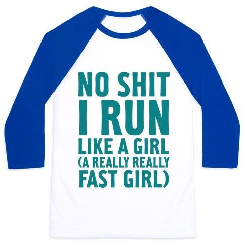 Virgin Teez  Baseball Tee Unisex Classic Baseball Tee / x-small / White/Blue NO SHIT I RUN LIKE A GIRL UNISEX CLASSIC BASEBALL TEE