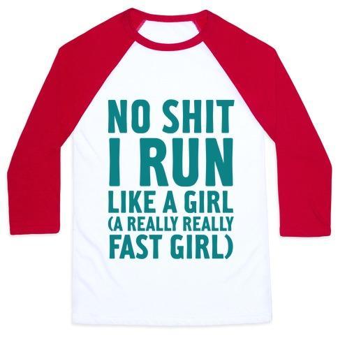 Virgin Teez  Baseball Tee Unisex Classic Baseball Tee / x-small / White/Red NO SHIT I RUN LIKE A GIRL UNISEX CLASSIC BASEBALL TEE