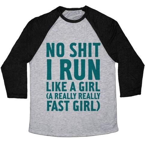Virgin Teez  Baseball Tee Unisex Tri-Blend Baseball Tee / small / Athletic Gray / Black NO SHIT I RUN LIKE A GIRL UNISEX TRI-BLEND BASEBALL TEE